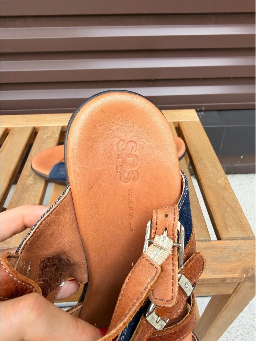 SAS Layla T-Strap Wedge Sandal Blue Jean and Brown Leather Size 9M